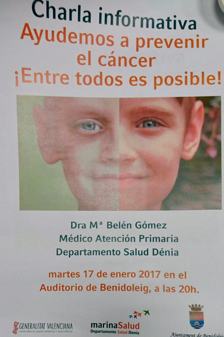 Charla informativa: "Ayudemos a prevenir el cáncer. ¡Entre todos es posible!". Martes 17 de enero de 2017 a las 20h. Auditorio de Benidoleig.