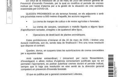 ANUNCI. Resolució de 15 de març de 2020, del director general de Prevenció d’Incendis Forestals, per la qual es mdifica el periode de cremes motivat per l’estat d’alarma per a la gestió de la situació de crisi sanitària ocasionada pel COVID-19
