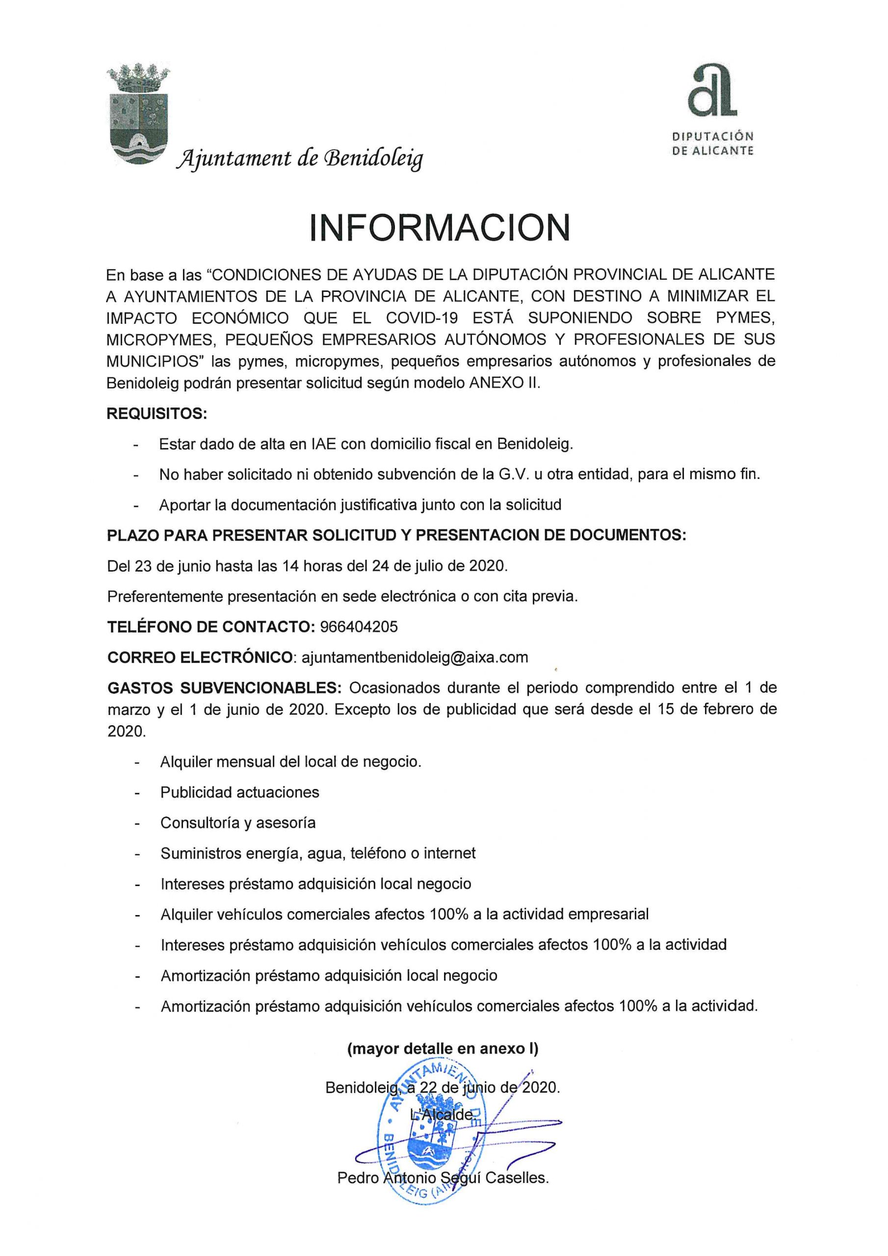 Ayudas pymes, pequeños empresarios de Benidoleig - Covid-19